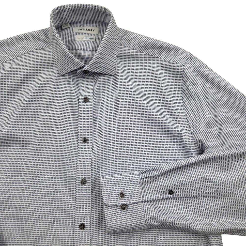 TWILLORY‎ Non-Iron Long Sleeve Dress Shirt Cotton Blue Check Mens 16.5 36/37